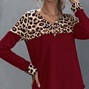Button Front Contrast Leopard Te